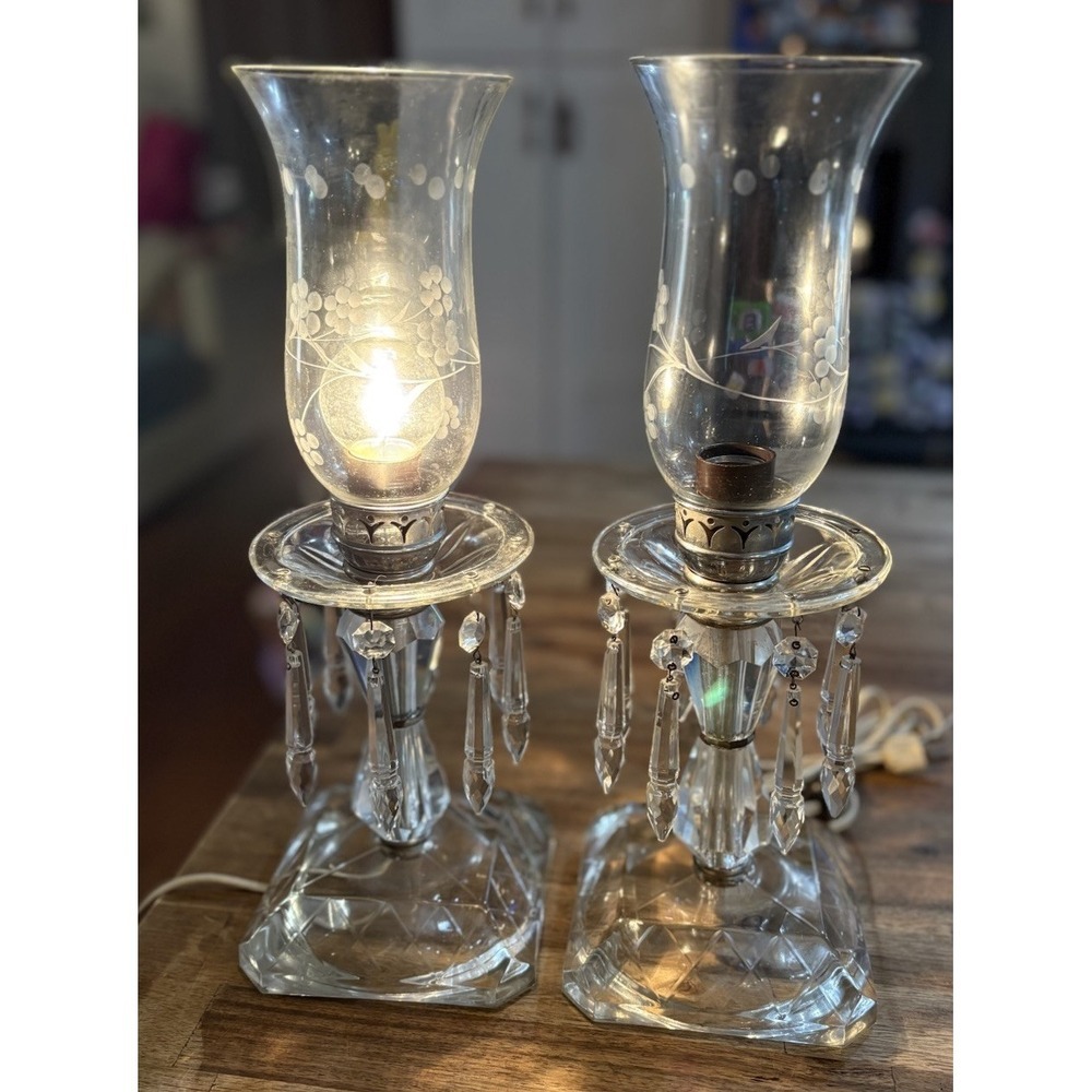 VTG Crystal Hurricane Buffet Lamps Mantle Etched Globes Prisms 15"Tall Both Work
